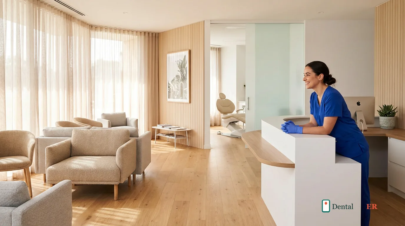 A welcoming, modern dental practice reception with a friendly dental professional ready to help