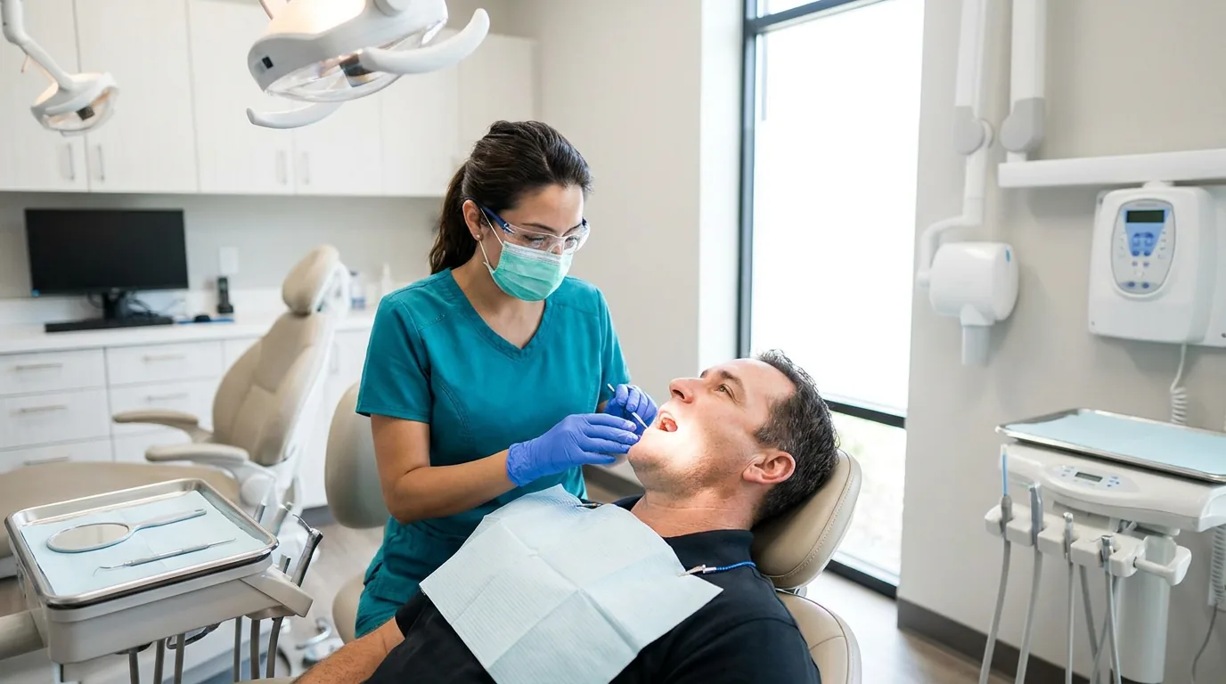 A dentist in scrubs and gloves calmly treating a patient in a modern dental chair