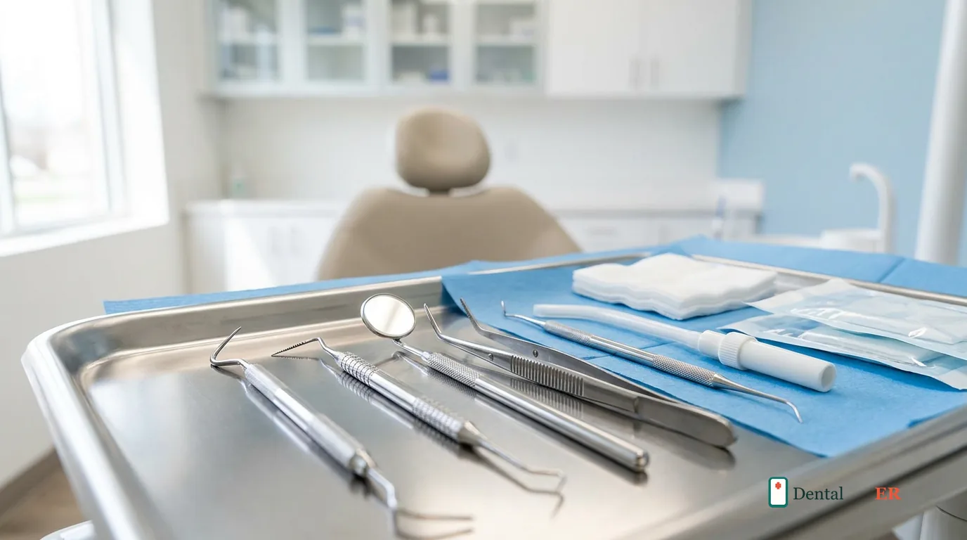 Clean professional dental instruments laid neatly on a tray in a bright dental clinic